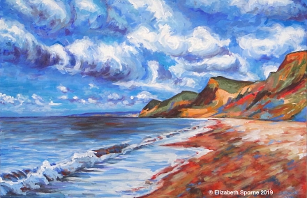 Eype Beach, painted by Elizabeth Sporne, acrylic on canvas 20x30in/508x762mm, also available as same-size print on canvas or A3 ltd signed & mounted print