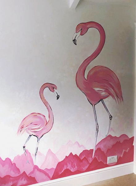 Flamingo mural in children's room, hand-painted by Elizabeth Sporne