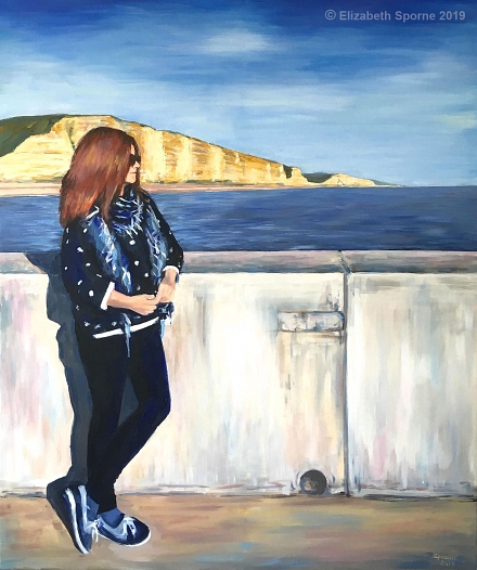 'On the pier at West Bay', by Elizabeth Sporne, acrylic on 32x40in canvas
